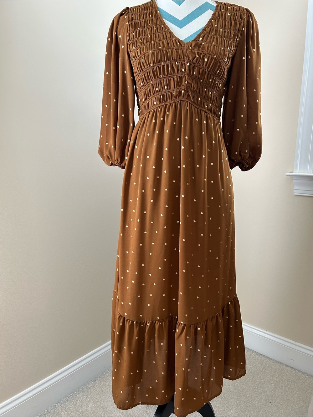 Polka Dot Brown Smocked maxi Dress